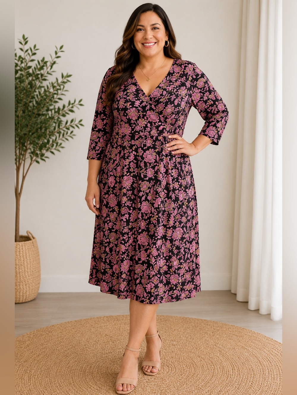 Sahalie faux-wrap knit midi dress featuring a vibrant pink/ olive floral pattern